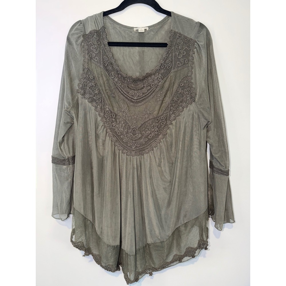 Ultra Pink XL Olive Green Mesh Lace Embroidered Boho Tunic Top Cottage Whimsgoth